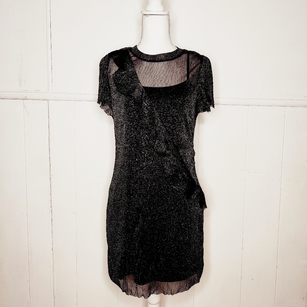 Bebop Women's Sheer Black and Metallic Silver Short Sleeve Dress Size Medium